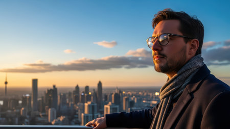 Young caucasian male overlooking city skyline at sunset.の素材