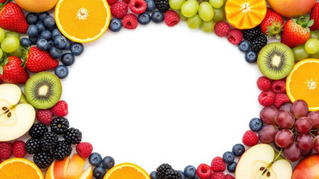 Colorful assortment of fresh fruits forming a vibrant border on white background.の素材