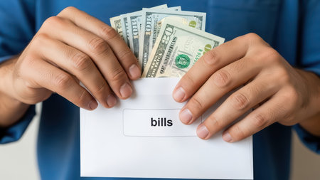 Adult male holding cash in envelope labeled bills.の素材