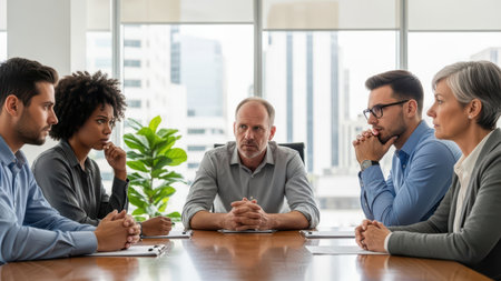 Diverse group of adults in intense business meeting in modern office setting.の素材