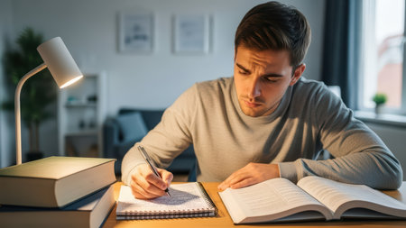Young caucasian male studying at home desk with books and notes.の素材