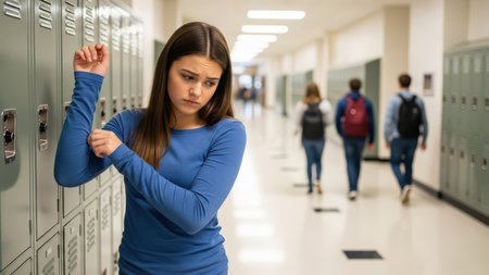 Teenage girl in school hallway looking pensive and anxious.の素材