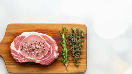 Raw pork steak with peppercorns and fresh herbs on wooden cutting boardの素材
