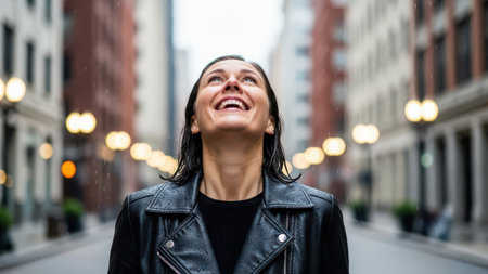 Young woman joyfully embracing rain in urban street setting.の素材