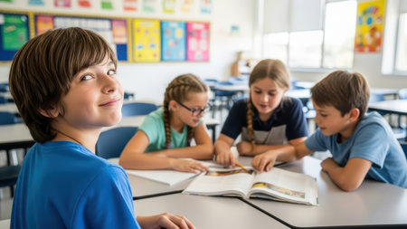 Happy children studying together in classroom, one boy smiling.の素材