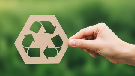 Hand holding recycle symbol cutout against green blurred background.の素材