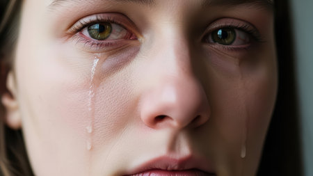 Young female with tearful eyes expresses deep sadness and contemplation.の素材