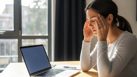 Stressed young caucasian female working on laptop in sunlit room.の素材