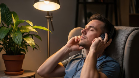 Relaxed caucasian male listening to music on headphones in cozy living room setting.の素材
