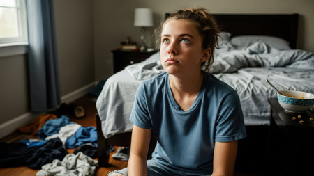 Teen girl in messy bedroom looking upward with thoughtful expression.の素材
