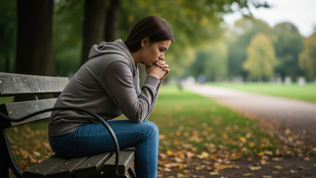 Young woman sitting on park bench in thoughtful contemplation on overcast day.の素材
