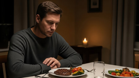 Young man contemplating meal at dinner table with emotional reflection.の素材