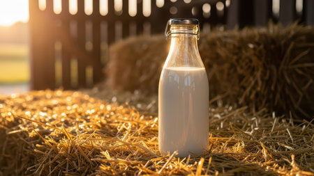 Glass milk bottle on straw bale in sunlight at rustic farm settingの素材
