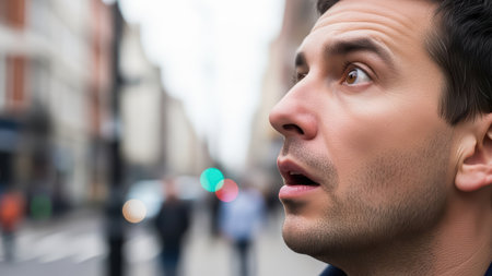 Young adult male staring in amazement on city street with surprised expression.の素材