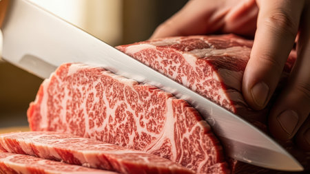 Slicing marbled wagyu beef with precision knife cutting techniqueの素材