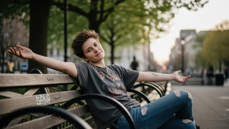 Young female relaxing on park bench with open arms and content expression.の素材