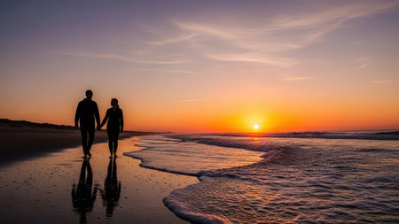 Romantic sunset stroll of young caucasian couple on the beach.の素材