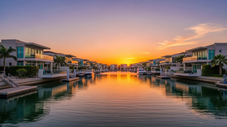 Stunning sunset over modern waterfront villas with palm trees and calm waters.の素材