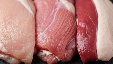 Variety of raw meat cuts: chicken, pork, and beef close-upの素材