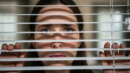 Young female looking through blinds with anxious expression at home.の素材