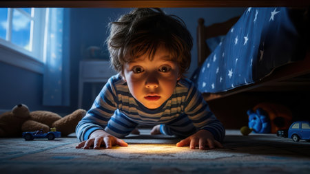 Young child curiously exploring under bed with fascinated expression.の素材