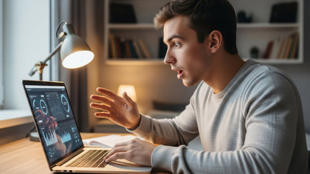Surprised young male analyzing data on laptop in home office setting.の素材