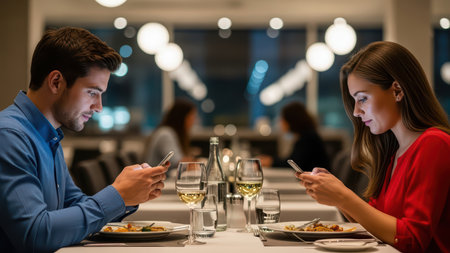 Young caucasian couple dining while using smartphones in a modern restaurant.の素材
