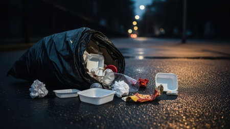 Spilled trash bag on wet street at night with scattered litter and blurred lights.の素材