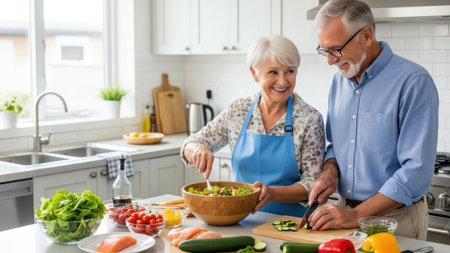 Elderly caucasian couple preparing salad in modern kitchen, smiling togetherの素材