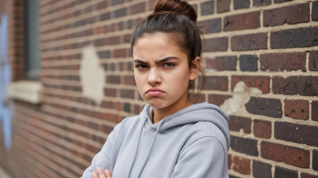 Young female teenager with pouty expression standing against brick wall.の素材