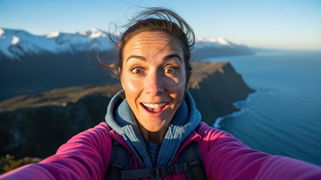 Happy young woman taking selfie on mountain cliff with ocean view.の素材