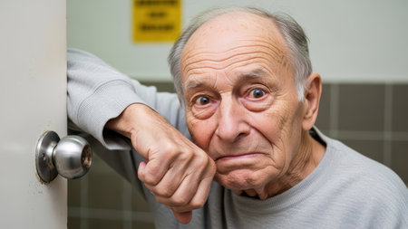 Elderly male expressing curiosity and thoughtful emotion near doorway.の素材
