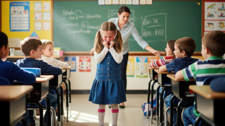 Young girl feeling sad in classroom surrounded by peers and teacher.の素材