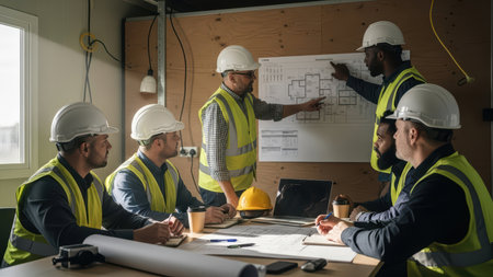 Diverse male construction team reviewing blueprints in meeting room.の素材