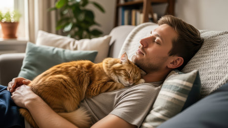 Young adult caucasian male relaxing on couch with sleeping ginger cat.の素材