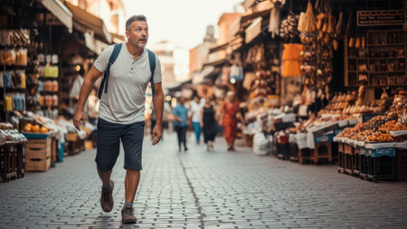 Curious young adult male exploring bustling market with fascination.の素材