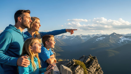 Family enjoying scenic mountain vista with joyful anticipation.の素材