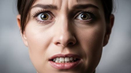 Young adult female showing anxiety and fear with wide eyes and furrowed brow.の素材