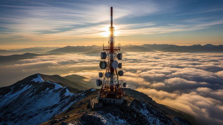 Aerial view of communication tower on mountain overlooking cloud-covered valley at sunrise.の素材