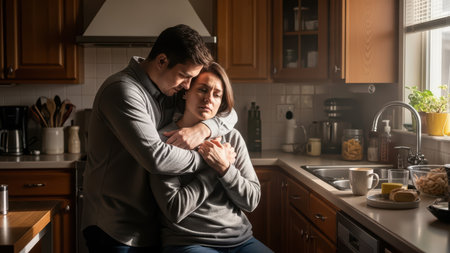 Comforting embrace: caucasian couple sharing an emotional moment in kitchen.の素材