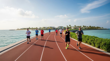 Group of runners exercising on oceanside track on a sunny day.の素材