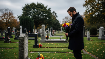 Young male at cemetery holding flowers feeling sadness and reflection.の素材