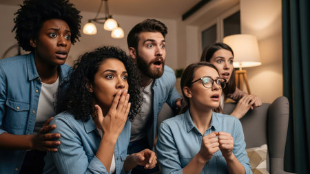 Group of young adults expressing surprise and excitement in living room setting.の素材