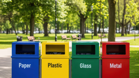 Colorful recycling bins in park for paper plastic glass and metal waste sorting.の素材