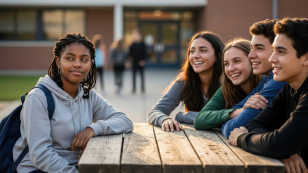 Teen girl feeling isolated while group of teens chats happily at school.の素材