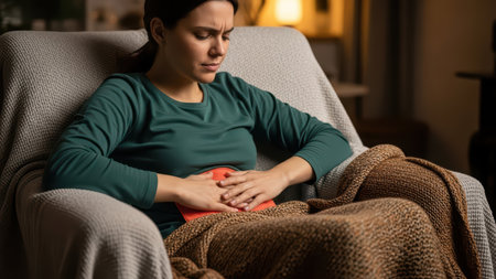Caucasian female young adult with abdominal pain using hot water bottle for relief.の素材