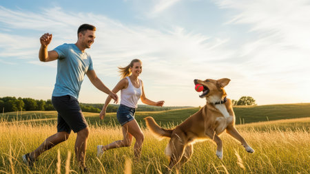 Young couple joyfully running with dog in sunlit meadow.の素材