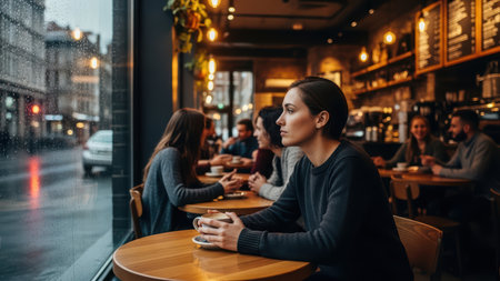 Young caucasian woman in cozy cafÃ© observing rainy street through window.の素材