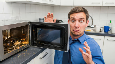 Young adult male shocked by microwave mess in kitchen.の素材