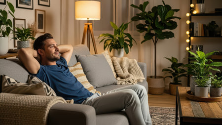 Relaxed caucasian male adult lounging at home in cozy modern living room setting.の素材